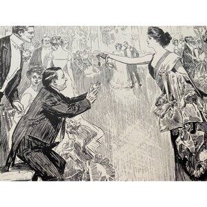 1900's Vintage Print Garden Dress Ball Pen Sketch Charles Gibson ANTIQUE PAPER